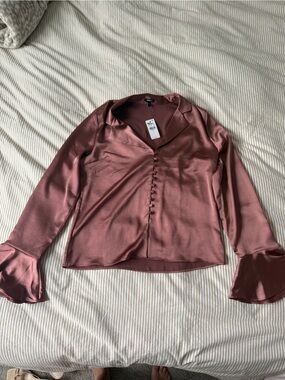 Express Satin Button-Front Long Sleeve Top in Dusty Rose